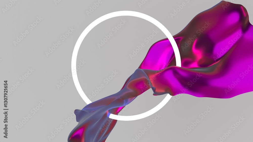 Poster 3d illustration of a dynamic, flowing magenta shape intertwined with a white circle on a neutral bac