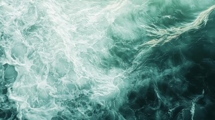 Fototapeta premium Acrylic fluid painting, overhead shot of abstract sea, dark green waves with golden foam accents, marble-textured background, soft light reflections