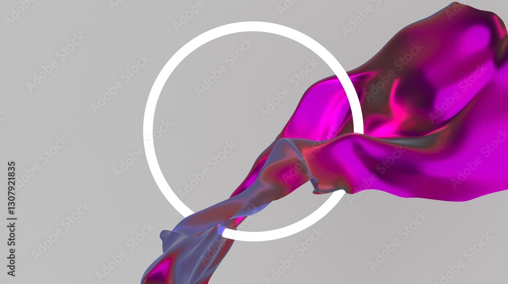 Poster 3d illustration of a dynamic, flowing magenta shape intertwined with a white circle on a neutral bac