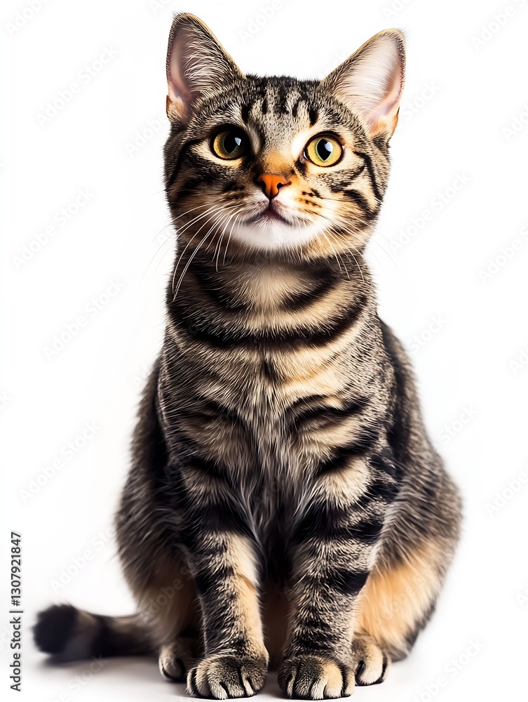 Poster playful striped cat with bright yellow eyes looking inquisitively at the camera on a white backdrop 