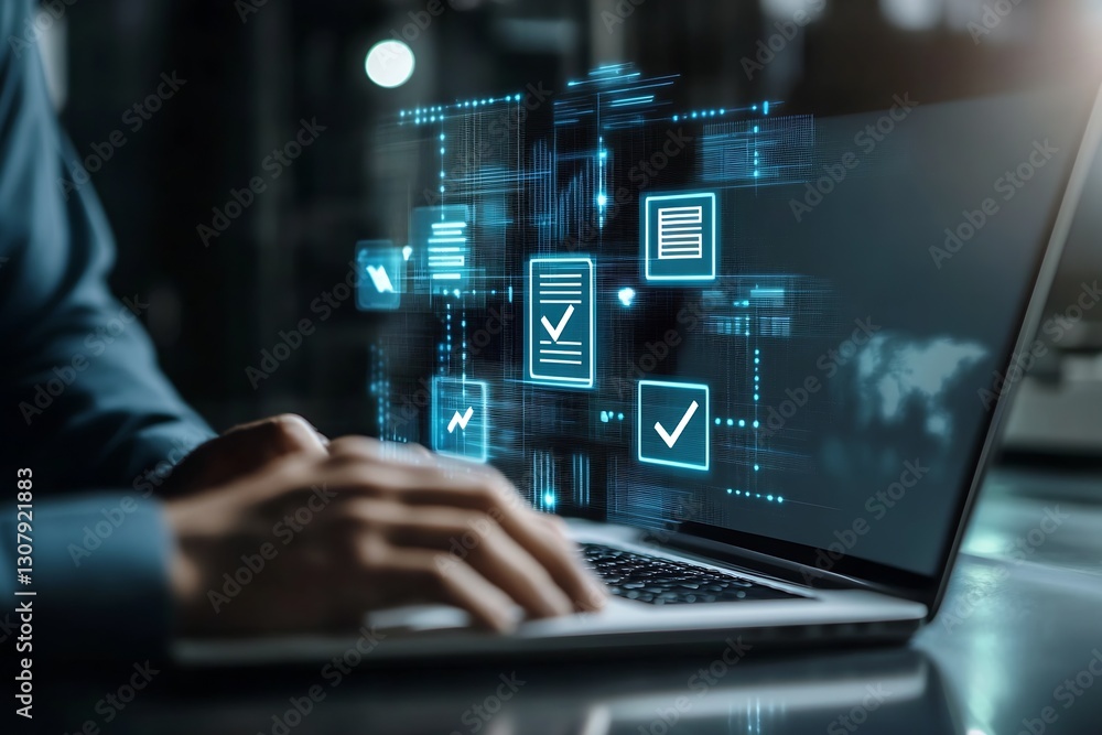 Aufkleber User Typing on Laptop with Overlay Icons Representing Digital Information Processing and Data Validation : Generative AI