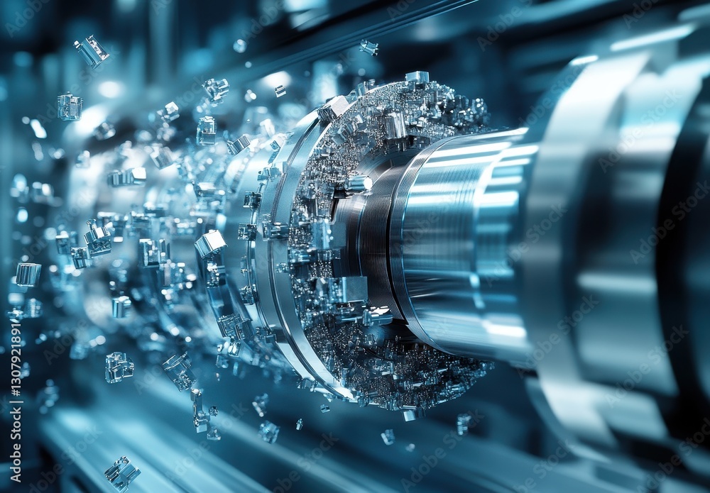 Poster futuristic mechanical design with exploding parts in a precision engineered environment for advanced