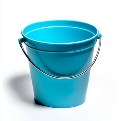 Modern still life of a skyblue plastic bucket with metallic handle, centered on a seamless white background with soft shadowing for depth