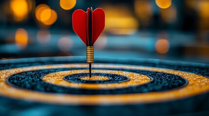 Dart Board with Heart Shaped Dart Hitting the Bullseye Surrounded by a Dreamlike Background : Generative AI