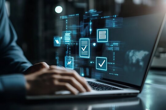 User Typing on Laptop with Overlay Icons Representing Digital Information Processing and Data Validation : Generative AI