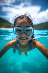 Naklejka premium Joyful girl enjoying swimming underwater with goggles in clear blue tropical ocean : Generative AI