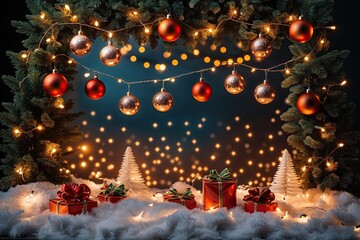 Gracious Copper Holiday Banner with Twinkling Lights and Festive Ornaments for Seasonal Promotions