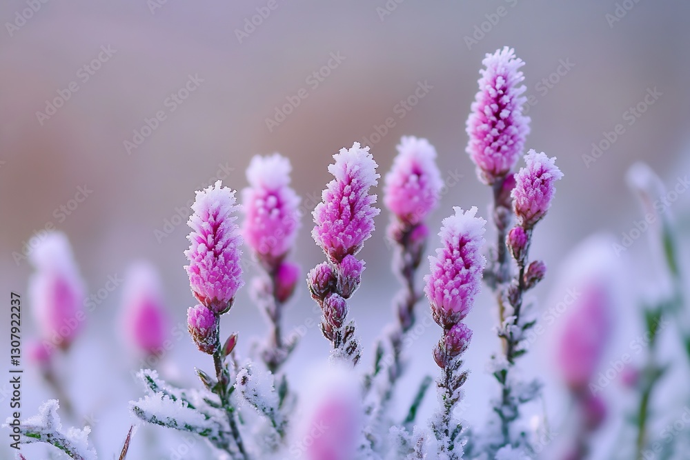 Poster charming pink flower clusters covered in frost create a stunning winter landscape in soft pastel col