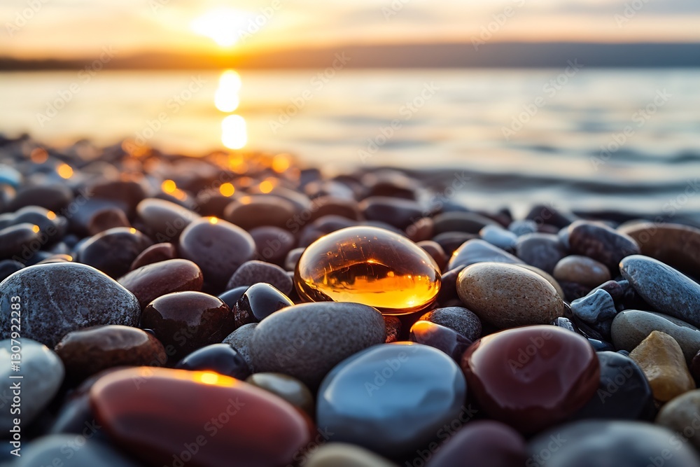Poster shiny amber stone on a pebbled beach capturing sunset reflections : generative ai