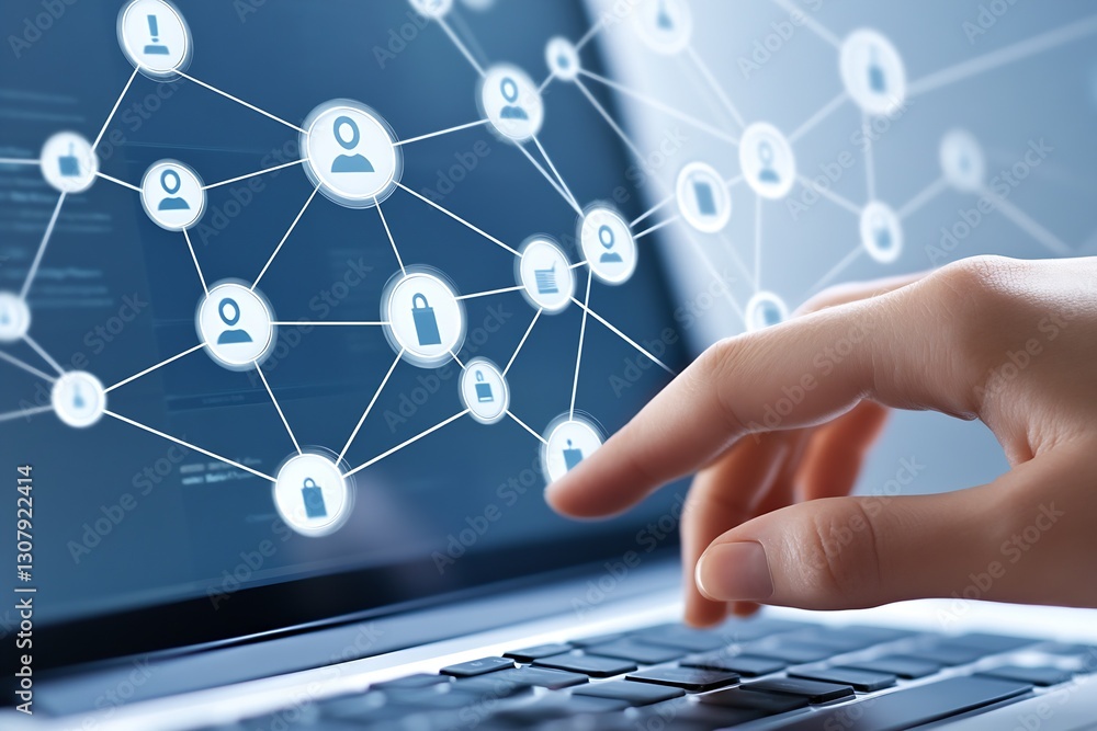 Poster Close up of hand interacting with digital network connections on laptop showing social profiles and security symbols : Generative AI