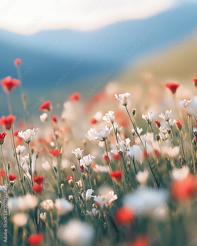 Poster vibrant field of wildflowers with red and white blooms set against a blurred mountain backdrop durin