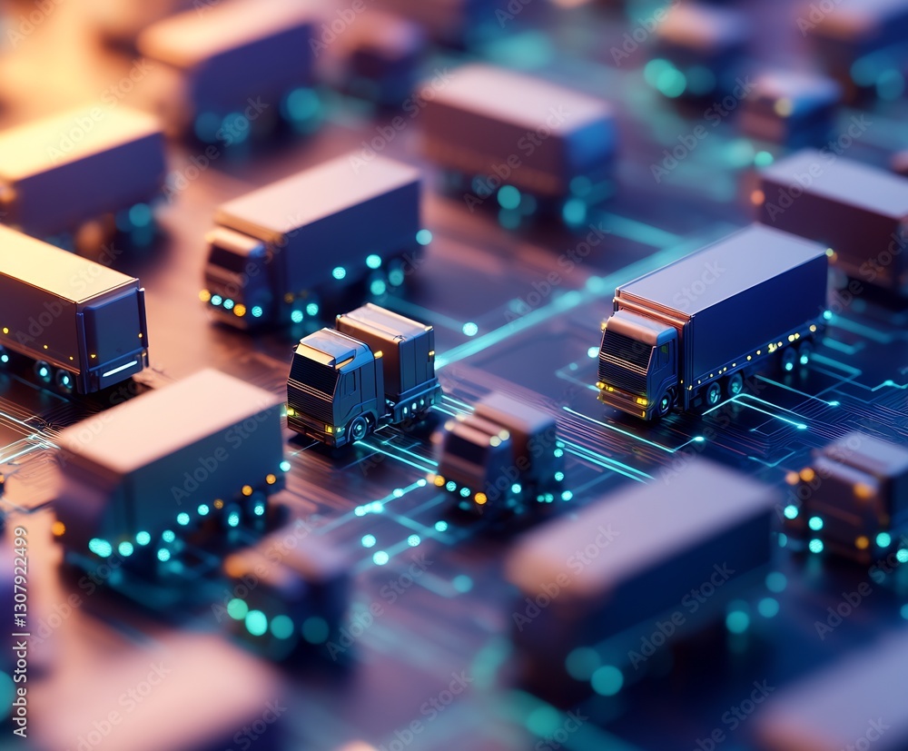 Poster Miniature trucks navigating a glowing circuit board representing advanced logistics technology : Generative AI