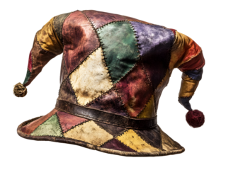 Old colorful jester hat with worn leather texture, medieval harlequin cap, vintage patchwork headwear, antique joker costume accessory, and festive design isolated on transparent background
