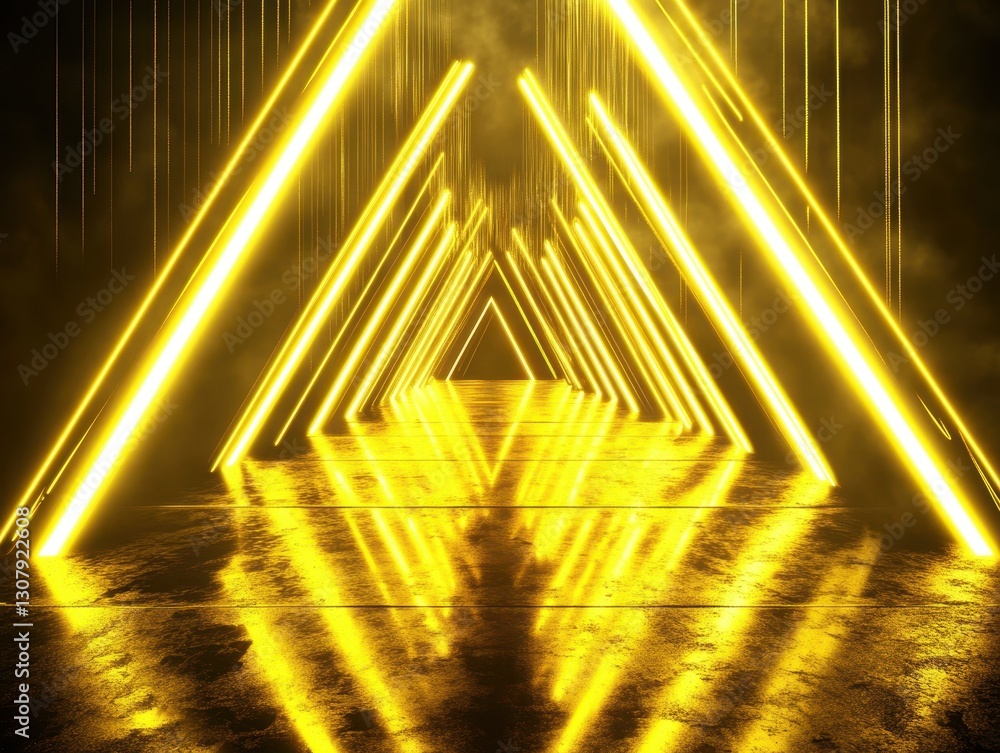 Poster futuristic neon light pathway with yellow beams and shiny floor in a dark environment for abstract b