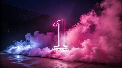 glowing white neon number '1' floating in vibrant pink clouds