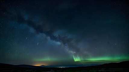 A starry night sky with auroras and faint blue light illuminating the horizon