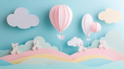 Playful pastel paper cutout of balloons, teddy bears, and clouds in a whimsical childrens theme Generative AI