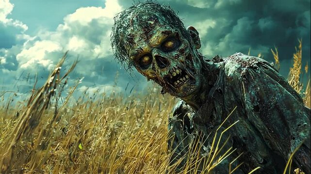 A zombie emerging from a field under a dramatic sky