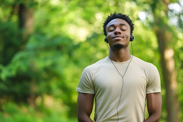 Smiling young man in outdoor setting listening to music enjoying the calmness of nature : Generative AI