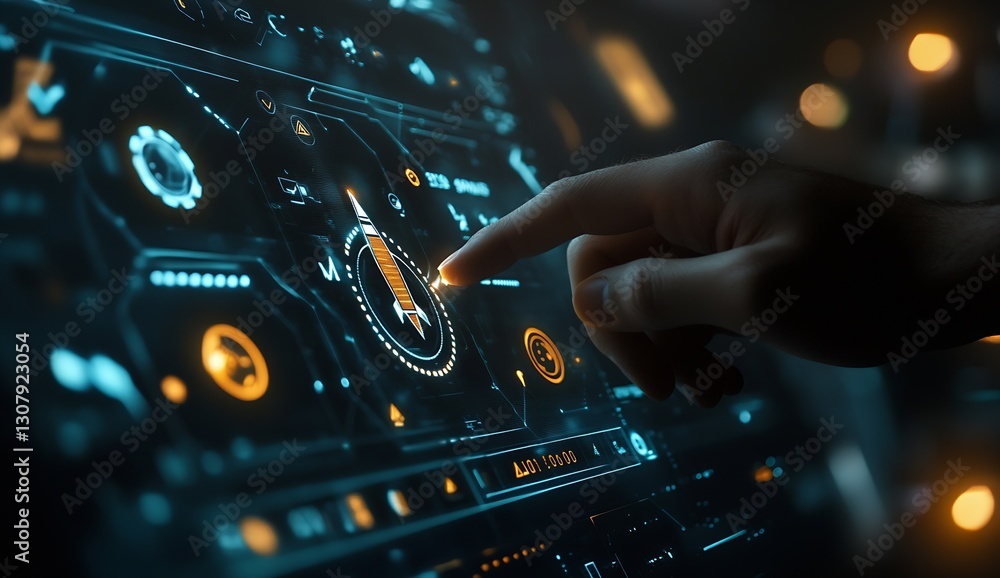 Aufkleber Technologically Advanced Hand Touching a Futuristic Display with Interface Elements for Smooth Interaction and Control : Generative AI