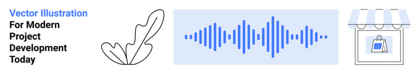 Leaf with smooth lines, sound wave symbol in blue, storefront with a bag inside. Ideal for sustainability, technology, e-commerce, ecology, sound design, innovation flat landing page banner