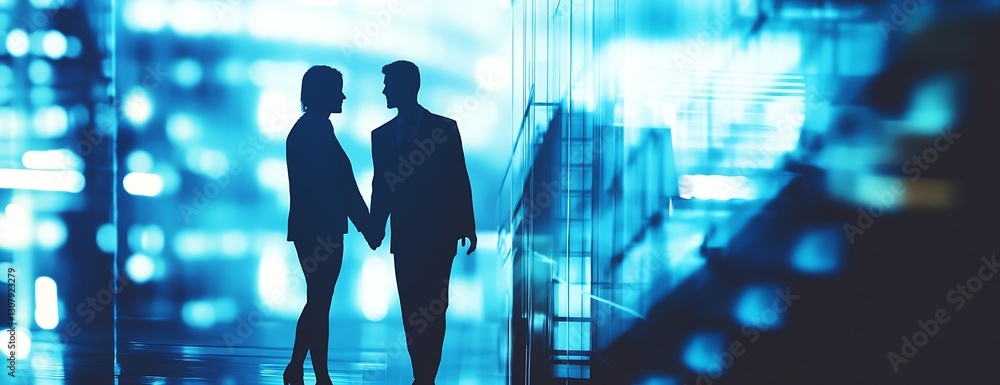 Poster silhouette of business couple holding hands in a modern high-tech environment : generative ai