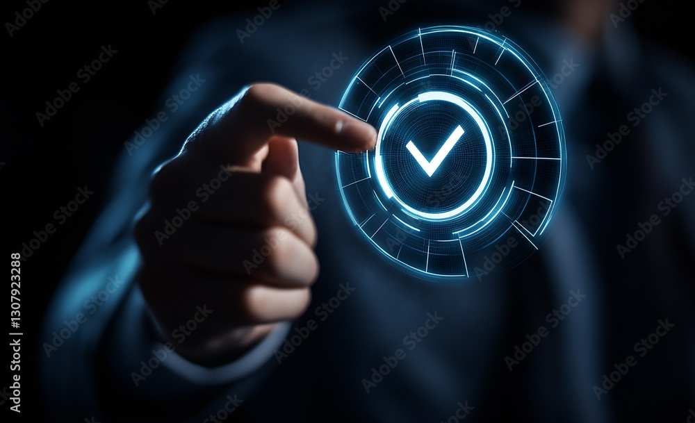 Aufkleber Professional hand controlling a glowing digital check mark symbolizing confirmation and approval : Generative AI
