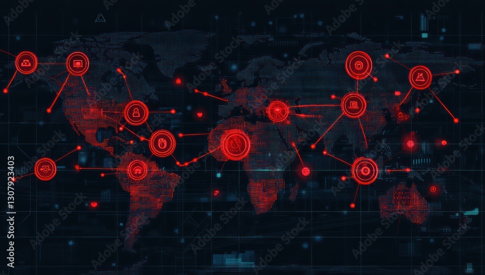 Poster global network security threat map with red illuminated icons on world map.