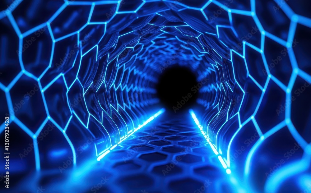Poster futuristic neon tunnel with hexagonal patterns and vibrant blue lighting for science fiction and tec
