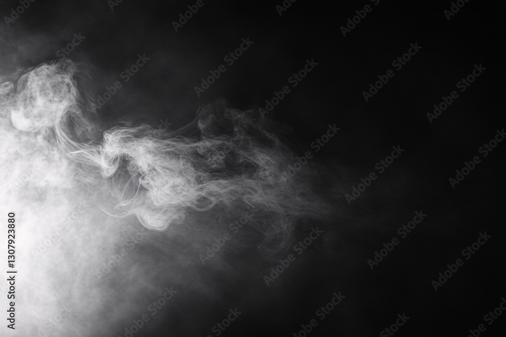 Poster wisps of delicate white smoke rise and swirl against a deep black background creating an ethereal an