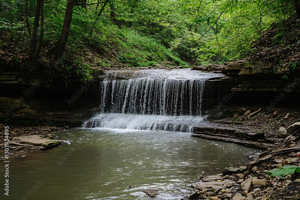 Poster Charming small waterfall cascading over rock formations in a peaceful forest setting : Generative AI