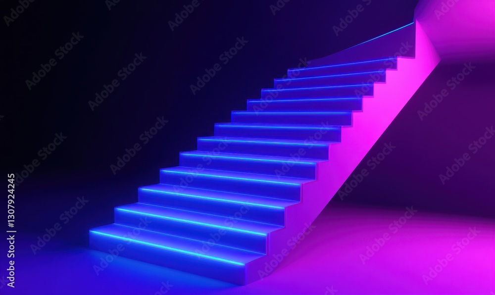 Poster futuristic stairs with neon lighting in a dark environment creating an abstract and modern aesthetic