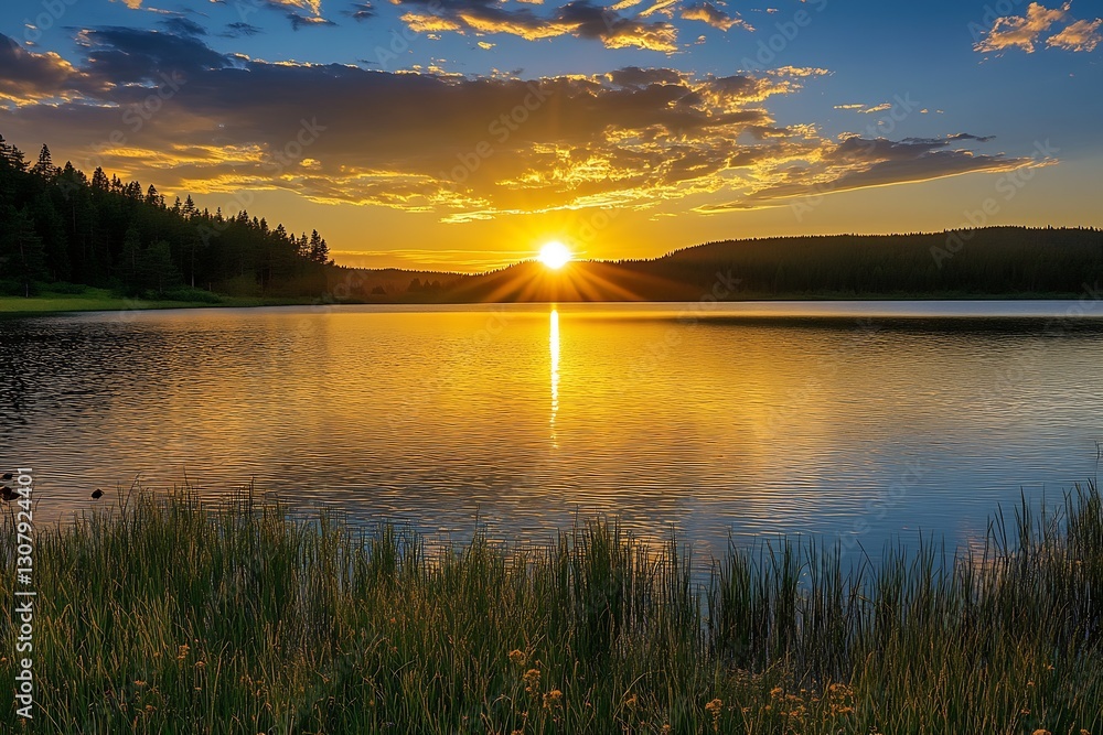 Poster golden sunset reflected on a serene lake surrounded by lush trees and landscape : generative ai