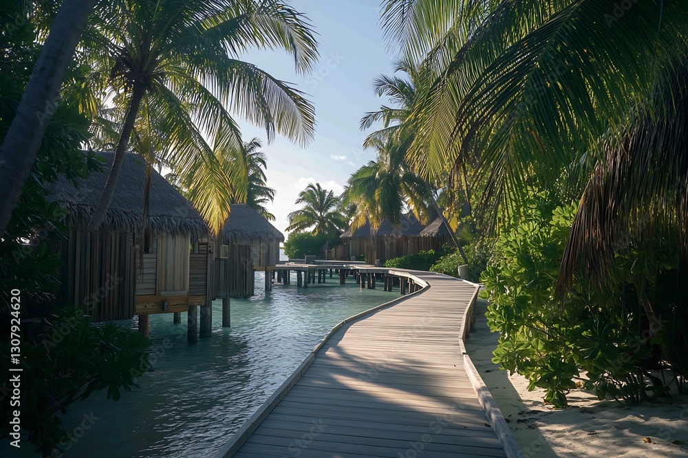 Poster captivating scene of a serene wooden path winding through palm trees leading to luxurious waterfront