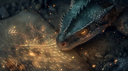 Arcane dragon with glowing runes etched into its scales, magical energy pulsing from within, standing in an ancient ruin