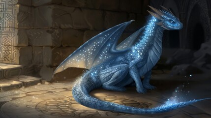 Arcane dragon with glowing runes etched into its scales, magical energy pulsing from within, standing in an ancient ruin 