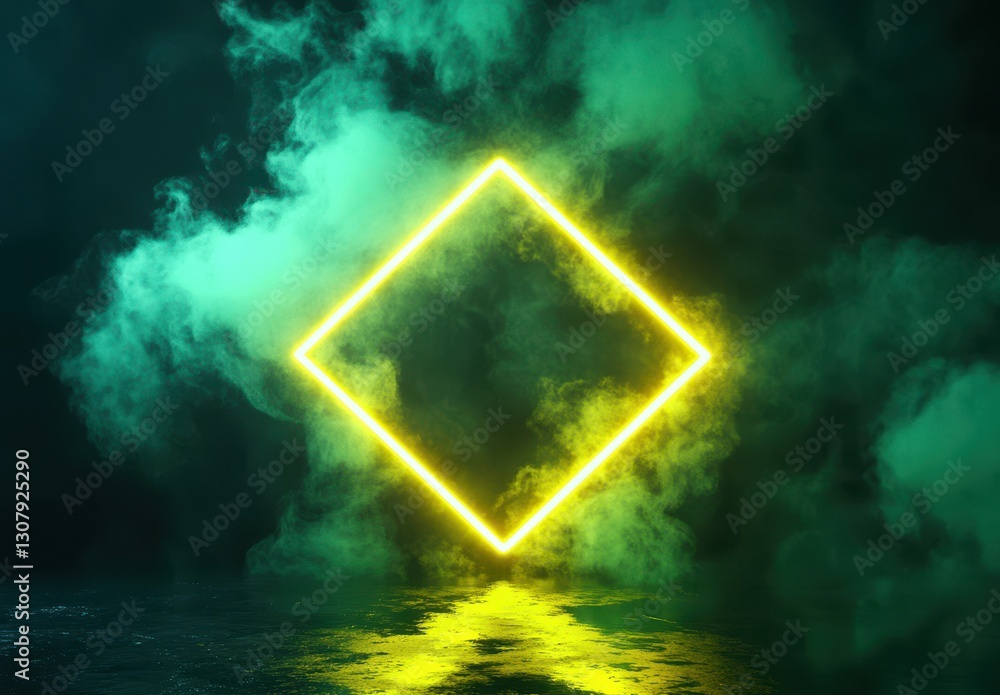 Poster glowing neon diamond shape surrounded by colorful smoke in a dark environment ideal for abstract bac