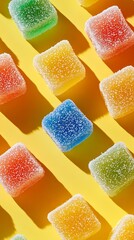 A vibrant display of assorted gummy candies arranged neatly on a sunny yellow surface : Generative AI