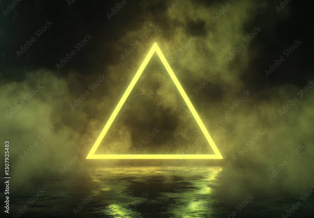 Poster glowing neon triangular shape in dark misty environment with reflections on water surface in atmosph