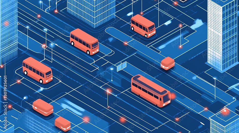 Poster smart city traffic concept with buses navigating urban streets in a digital environment : generative