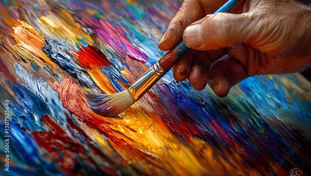 Poster Skilled artist applying bold strokes of paint to canvas in a lively and colorful art creation process : Generative AI