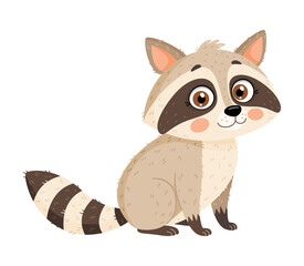 Cute raccoon wild animals cartoon character. Hand drawn flat style isolated icon. Adorable pet funny raccoon, childrens illustration For poster, greeting card and childrens design Vector illustration