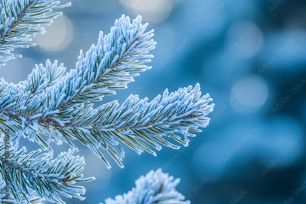 Poster detailed close-up of frosty pine tree branch with ice coating in winter : generative ai