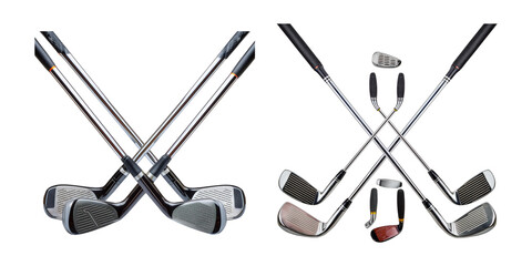 Crossed Golf Clubs and Iron Sets on White Background for Sports Use, isolated on transparent background