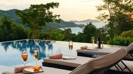 Fototapeta premium Luxury escape at a tropical resort with infinity pool and champagne celebration