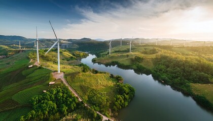 Generated image - areal view wind turbines generation with landscape green nature and river,environment and ecology.clean energy power.