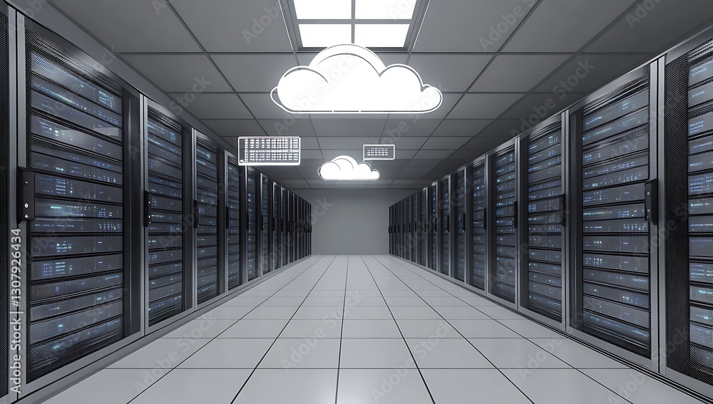 Aufkleber Advanced cloud server room featuring sleek racks and digital displays illustrating modern computing power and efficiency : Generative AI