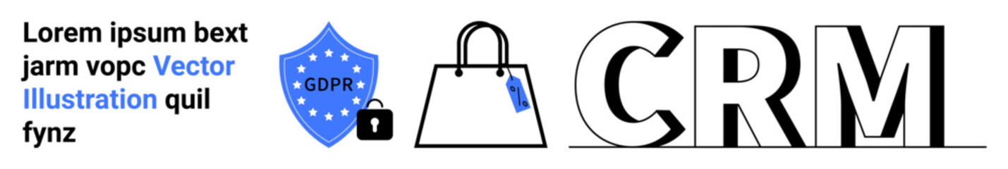 CRM concept with bold letters, shopping bag, GDPR shield, and secure lock icon. Ideal for data security, marketing, e-commerce, CRM integration, compliance customer retention flat landing page