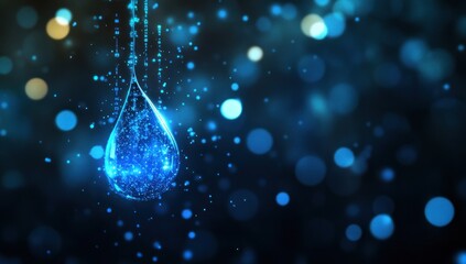 Glowing blue water drop with bokeh background.