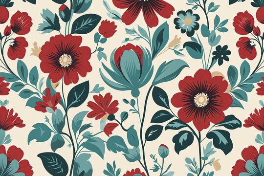 Retro Botanical Design with Abstract Flowers in Red, Teal, and Cream for Nostalgic Wallpapers and Textiles